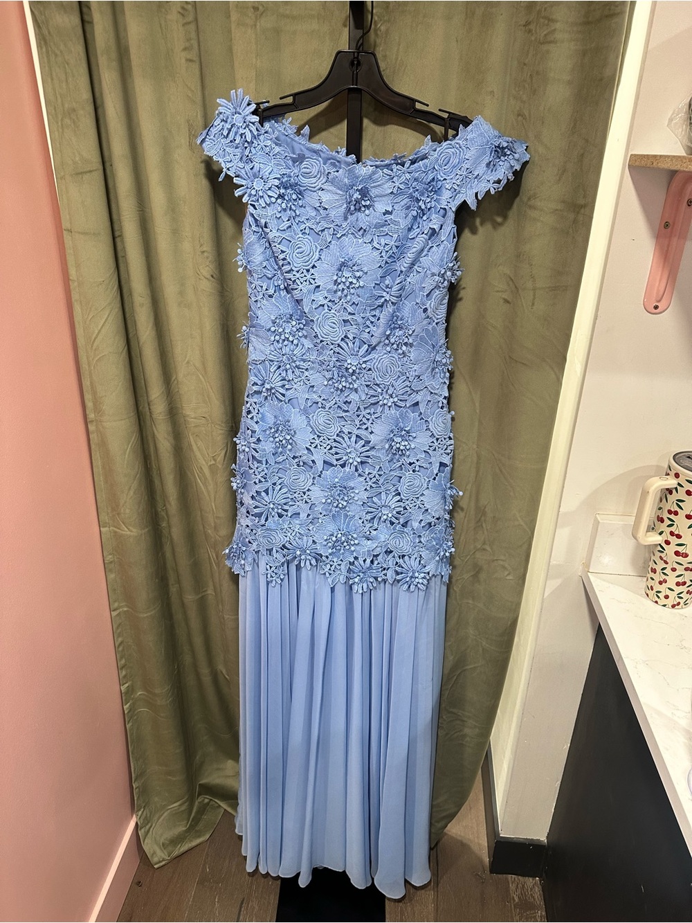 Theia Sky Blue Off-Shoulder Floral Appliqué Maxi Dress